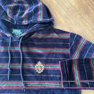 Lauren Ralph Lauren Velvet Stripe Hoodie Sweatshirt Velour Crest Logo Navy Small